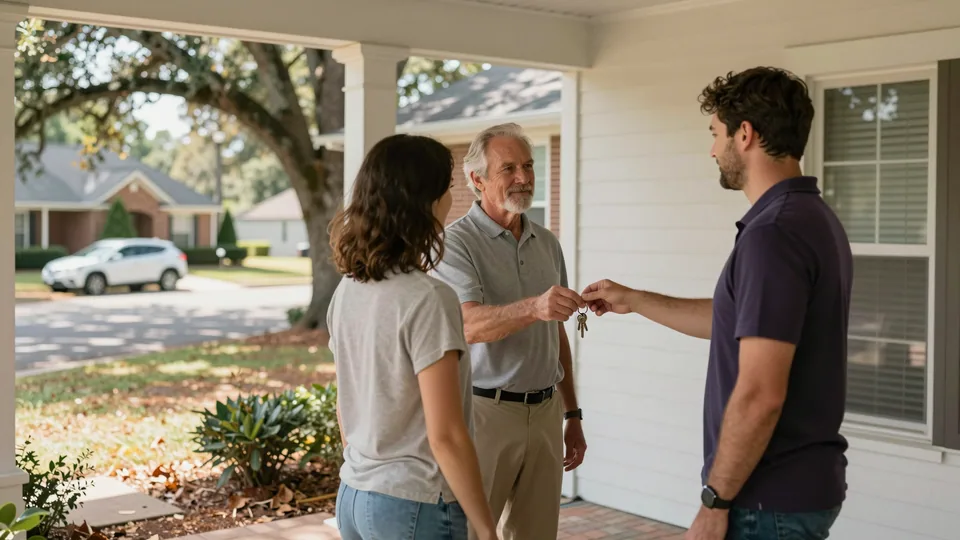 A property manager hands a set of keys to a young couple on the covered porch of a brick house.