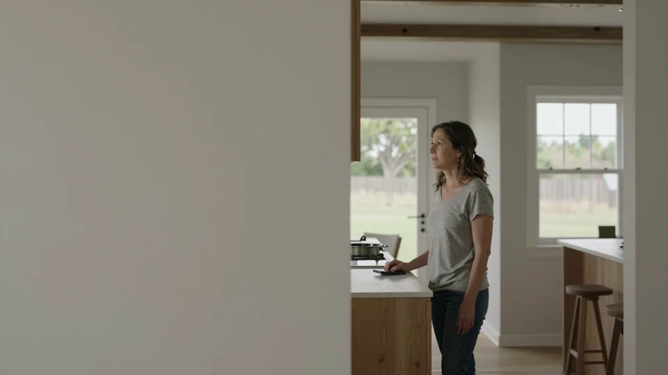 A woman stands in the open-plan kitchen of a ranch home, one hand resting on the counter and a phone in the other, looking out through a window to the yard.