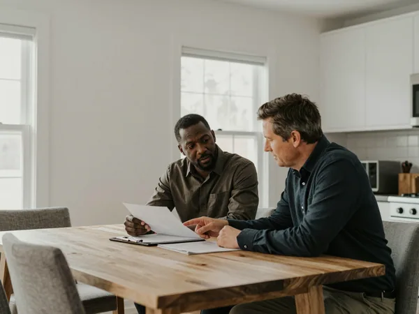 Two colleagues sit side by side at a kitchen table, one pointing at a folder of documents open between them.